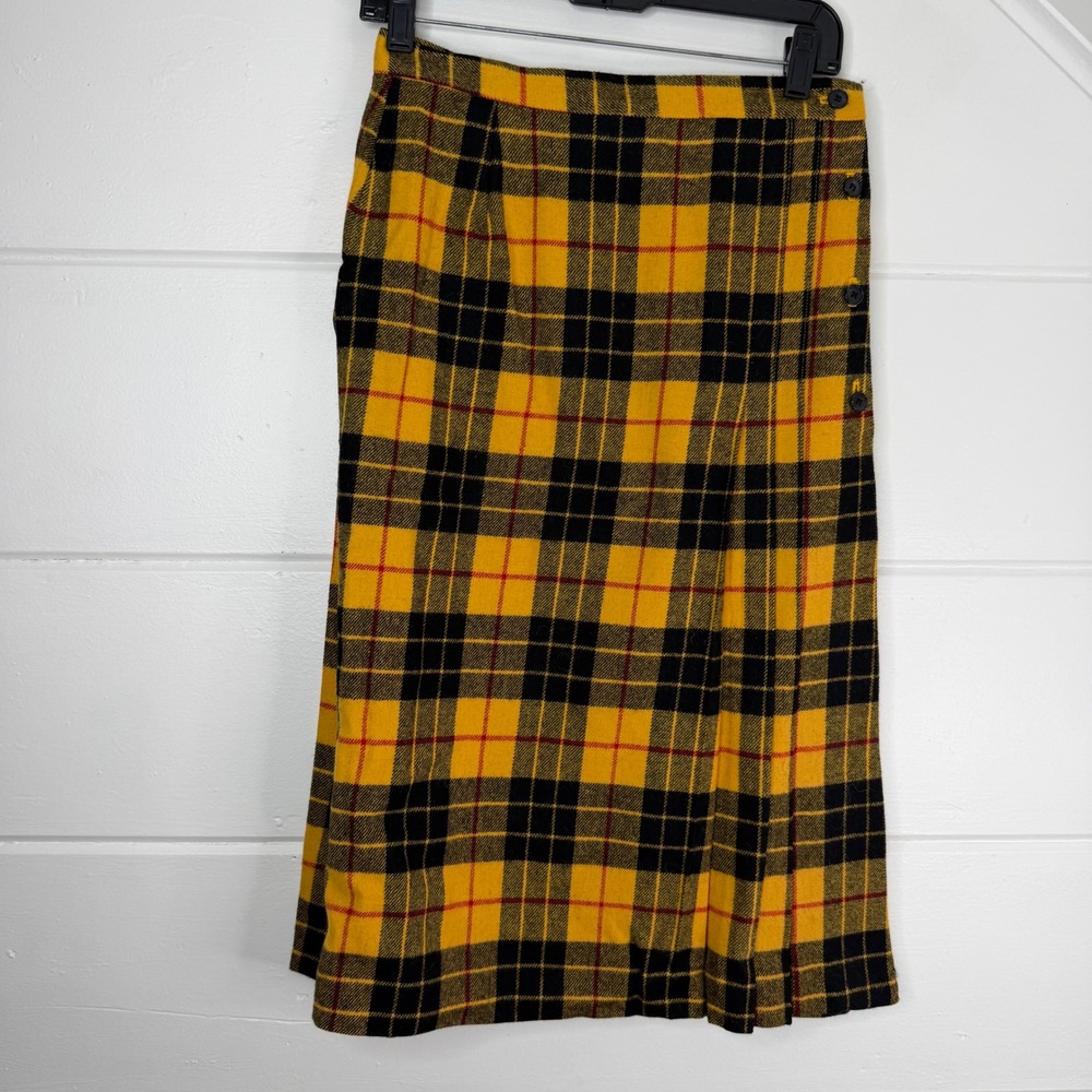 Vintage Yellow Plaid Wool Kilt Skirt 100% Virgin Wool Size 12 27" Waist
